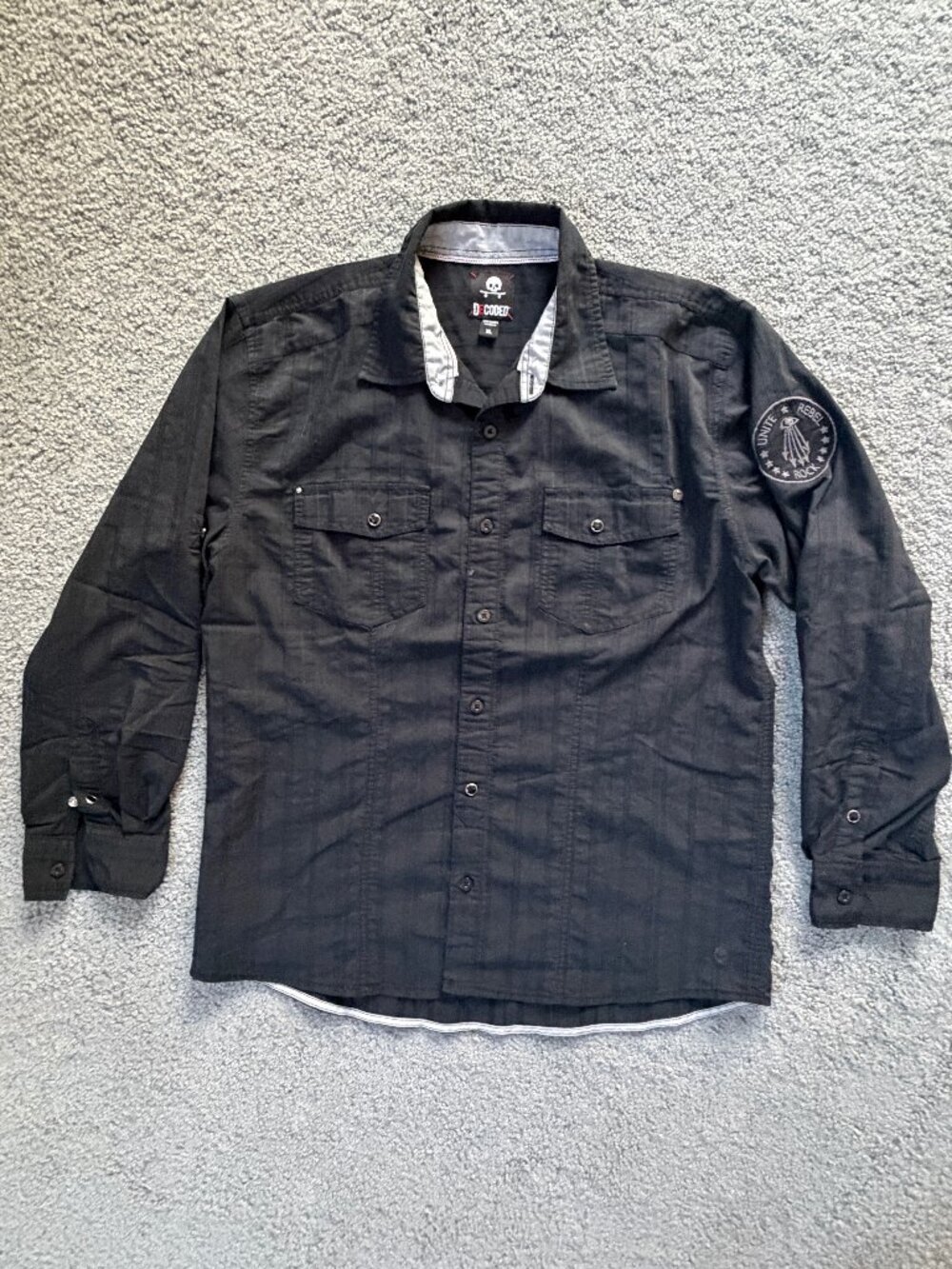 Vtg D-Coded Y2K Skater Grunge Button Up Shirt Men XL Black Skull All Seeing Eye
